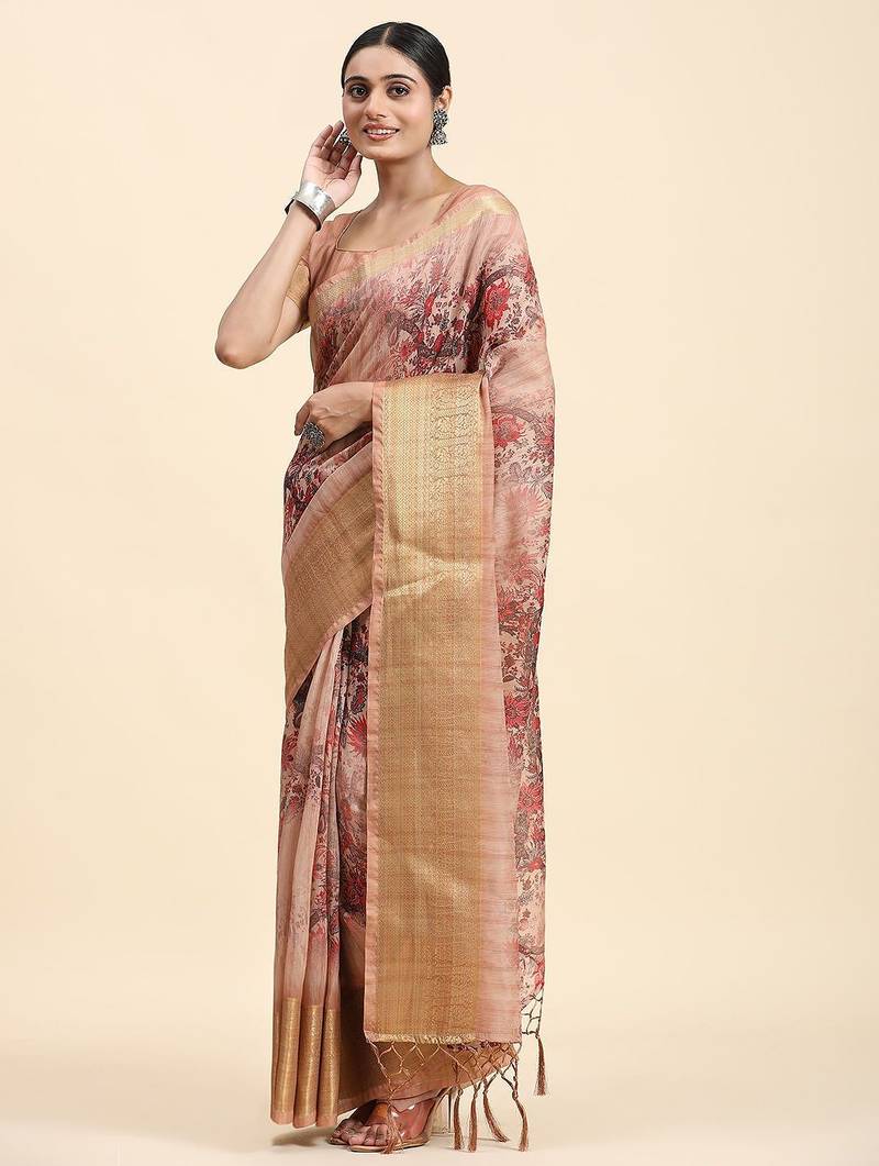 Beige printed linen casual saree with blouse piece