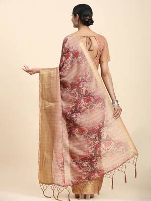 Beige printed linen casual saree with blouse piece 2