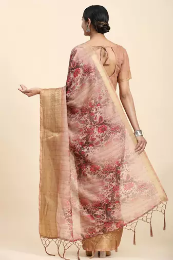 Beige printed linen casual saree with blouse piece