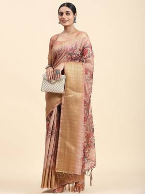 Beige printed linen casual saree with blouse piece 3