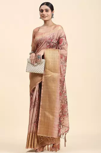 Beige printed linen casual saree with blouse piece