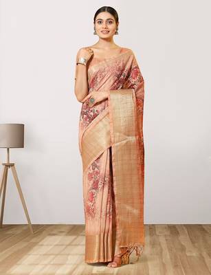 Beige printed linen casual saree with blouse piece 4