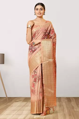 Beige printed linen casual saree with blouse piece