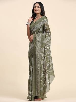 Green printed linen casual saree with blouse piece 1