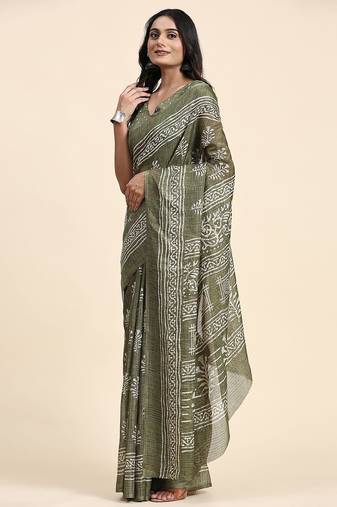 Green printed linen casual saree with blouse piece
