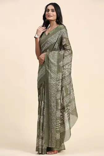 Green printed linen casual saree with blouse piece