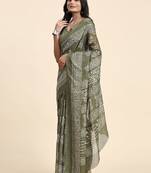 Green printed linen casual saree with blouse piece
