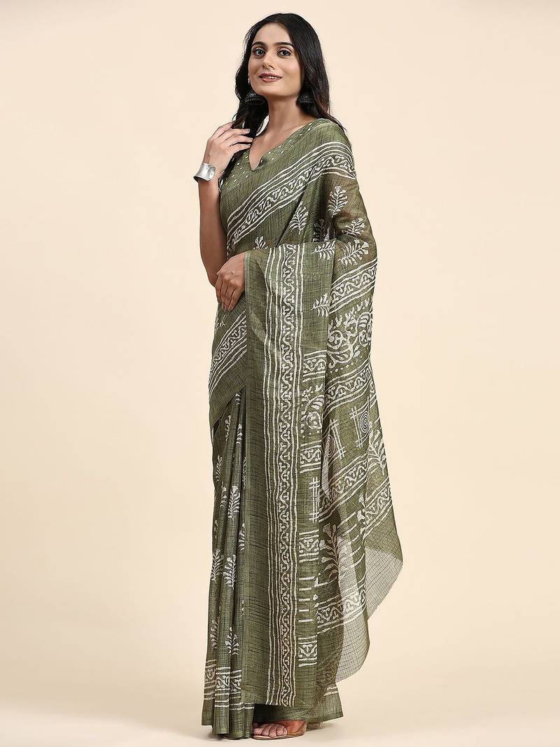 Green printed linen casual saree with blouse piece