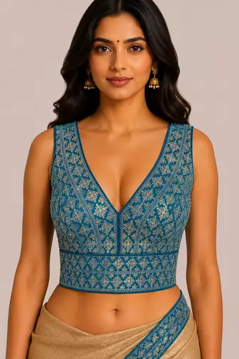 Sky blue heavy embroidered silk bridal blouse | designer sequin work readymade saree blouse for women