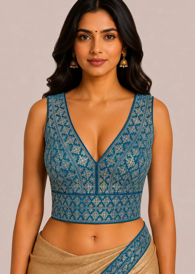 Sky blue heavy embroidered silk bridal blouse | designer sequin work readymade saree blouse for women