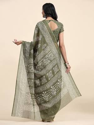 Green printed linen casual saree with blouse piece 2