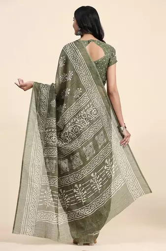 Green printed linen casual saree with blouse piece