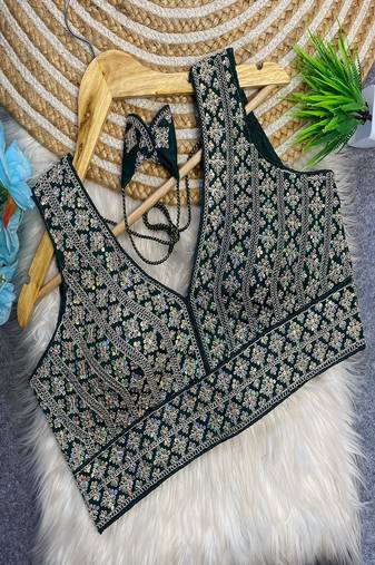 Bottle green heavy embroidered silk bridal blouse | designer sequin work readymade saree blouse for women