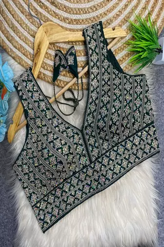 Bottle green heavy embroidered silk bridal blouse | designer sequin work readymade saree blouse for women