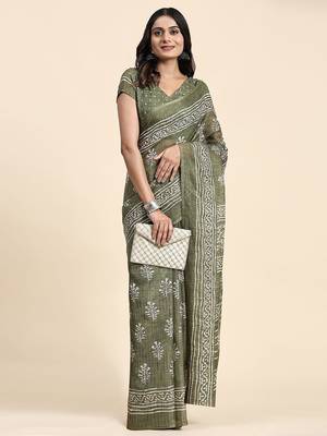 Green printed linen casual saree with blouse piece 3