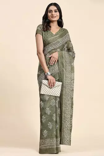 Green printed linen casual saree with blouse piece
