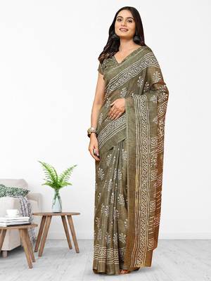 Green printed linen casual saree with blouse piece 4
