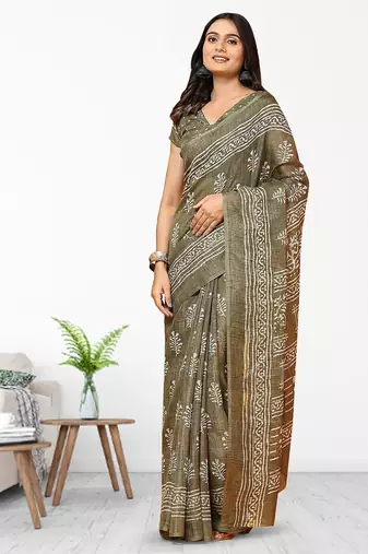 Green printed linen casual saree with blouse piece