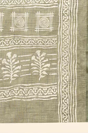 Green printed linen casual saree with blouse piece
