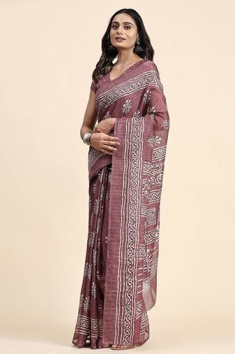 Violet printed linen casual saree with blouse piece