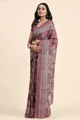 Violet printed linen casual saree with blouse piece