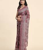 Violet printed linen casual saree with blouse piece