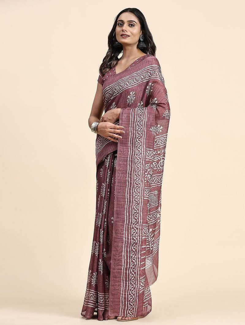 Violet printed linen casual saree with blouse piece