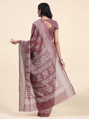 Violet printed linen casual saree with blouse piece 2