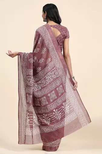 Violet printed linen casual saree with blouse piece