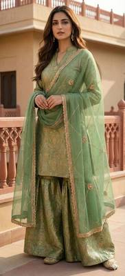 Elegant Pista Green Brocade Kurti and Sharara Set with Scalloped Dupatta 3