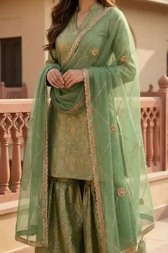 Elegant Pista Green Brocade Kurti and Sharara Set with Scalloped Dupatta