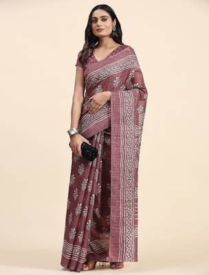 Violet printed linen casual saree with blouse piece 3