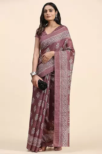 Violet printed linen casual saree with blouse piece