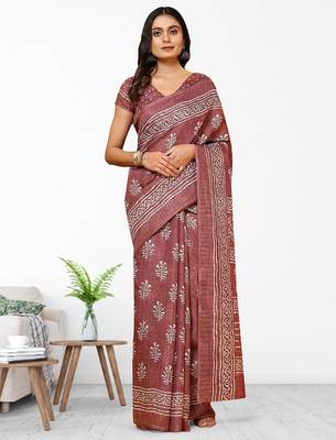 Violet printed linen casual saree with blouse piece 4