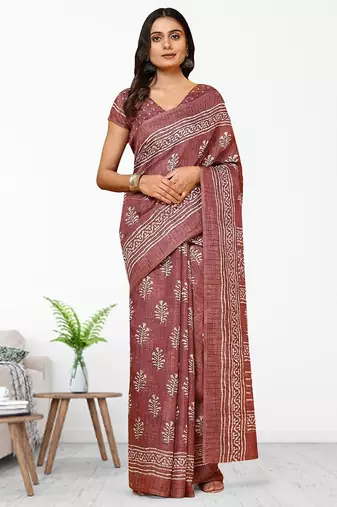 Violet printed linen casual saree with blouse piece