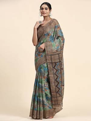 Brown printed linen casual saree with blouse piece 1