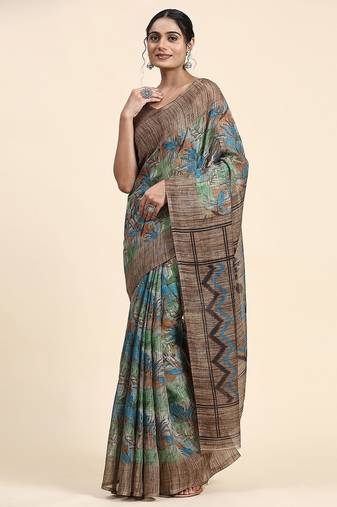 Brown printed linen casual saree with blouse piece