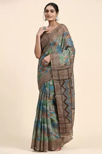Brown printed linen casual saree with blouse piece