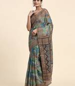 Brown printed linen casual saree with blouse piece