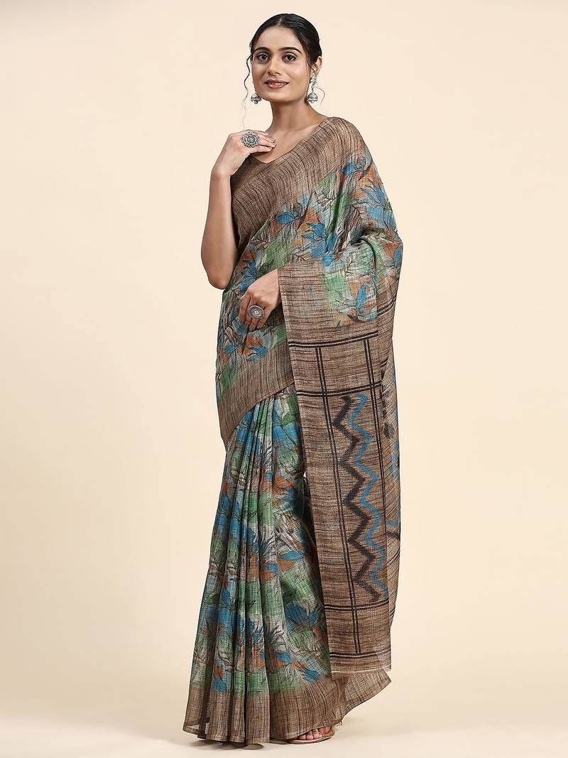 Brown printed linen casual saree with blouse piece
