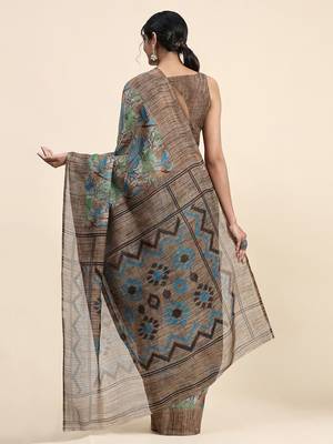 Brown printed linen casual saree with blouse piece 2