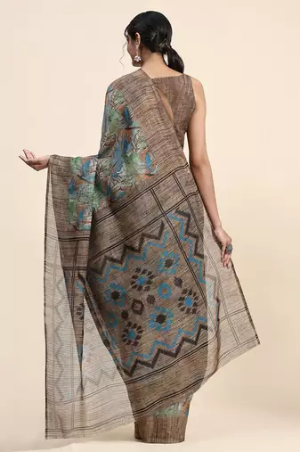 Brown printed linen casual saree with blouse piece