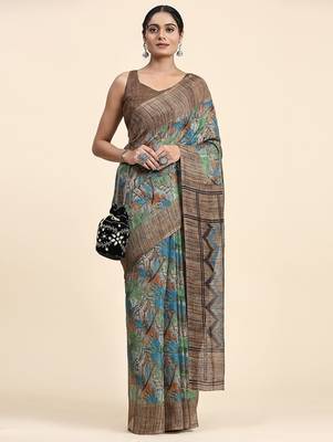 Brown printed linen casual saree with blouse piece 3