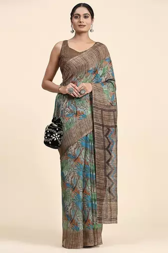 Brown printed linen casual saree with blouse piece