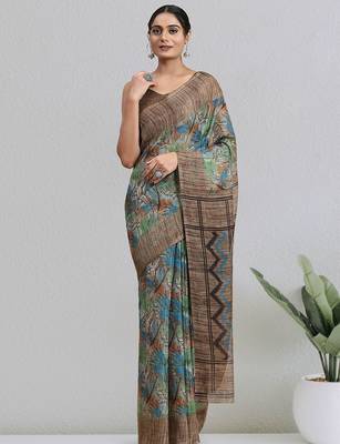 Brown printed linen casual saree with blouse piece 4