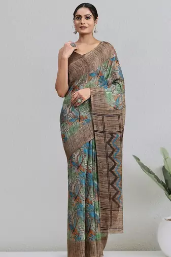 Brown printed linen casual saree with blouse piece