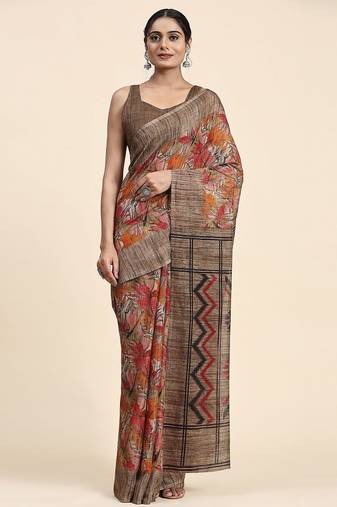 Brown printed linen casual saree with blouse piece
