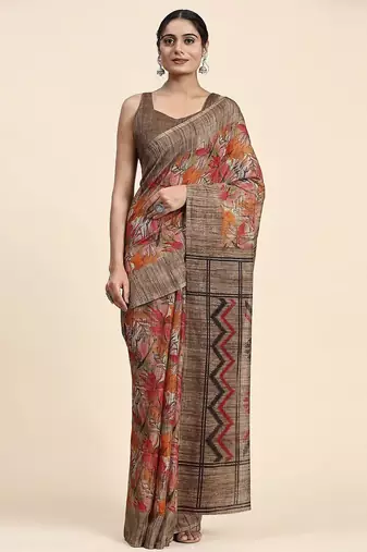 Brown printed linen casual saree with blouse piece