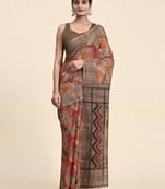 Brown printed linen casual saree with blouse piece