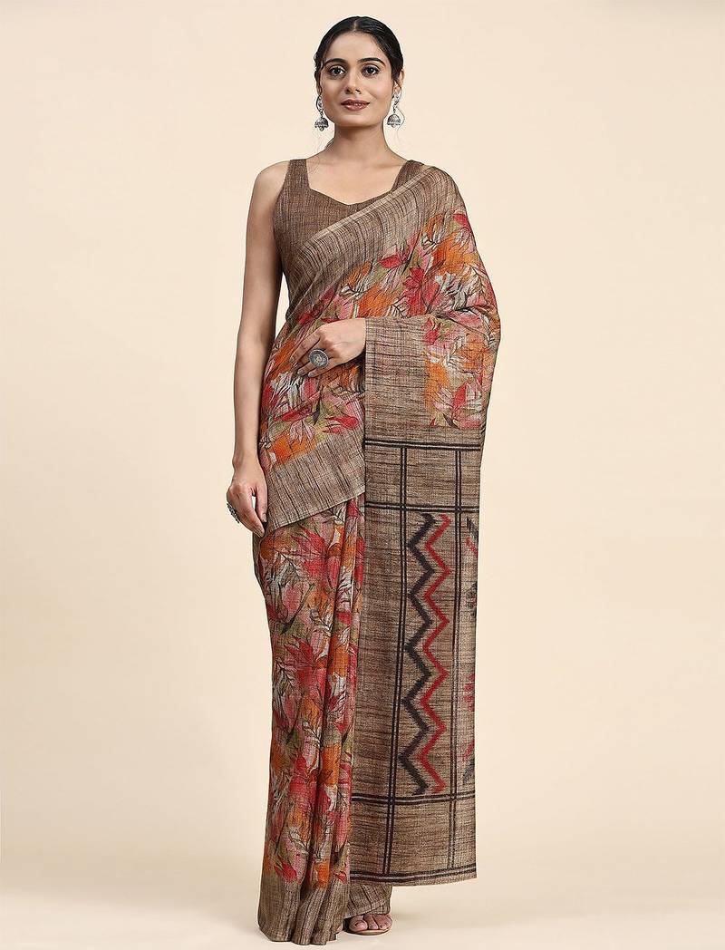 Brown printed linen casual saree with blouse piece